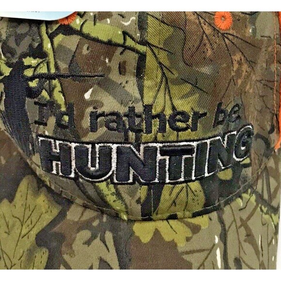 NEW I'd Rather Be Hunting Embroidered Ball Cap Adjustable OS Camo & Orange Hat - Picture 3 of 8